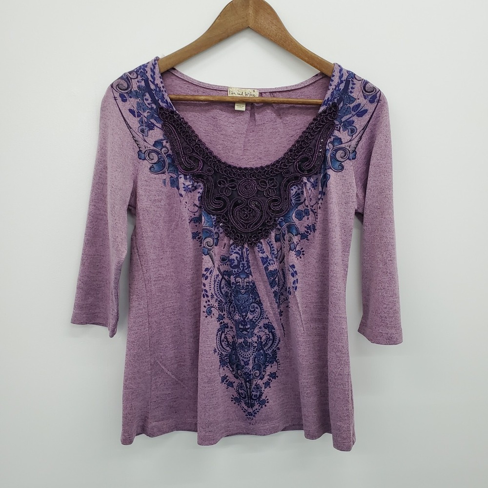 Live and Let Live Womens S Purple Paisley Embellished 3/4 Sleeve Boho Top - Picture 3 of 14